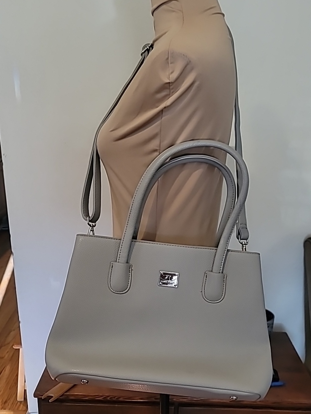 Jessica Moore Taupe Structured Tote Handbag with Top Handles and Crossbody Strap